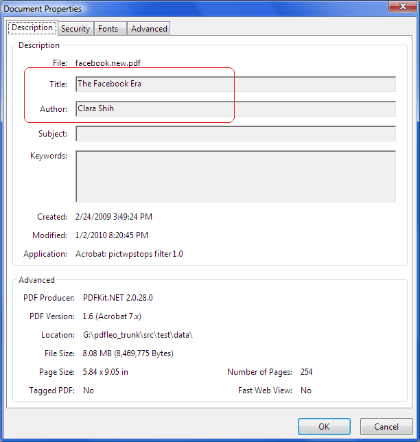 document properties including metadata