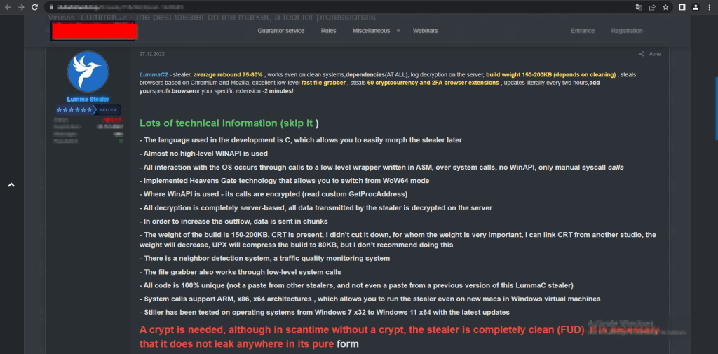 Dark Web Post for Lumma C2 Stealer