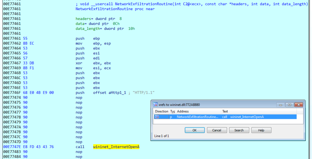 Example of how instructions related to Windows API call obfuscation have been patched with nops