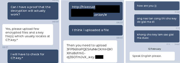 conversation between Hive operators and victims