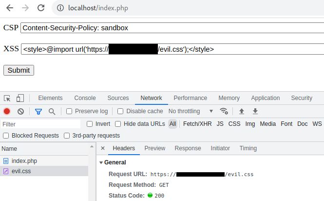 Figure 25 – CSS injection demonstration in CSP sandbox configuration