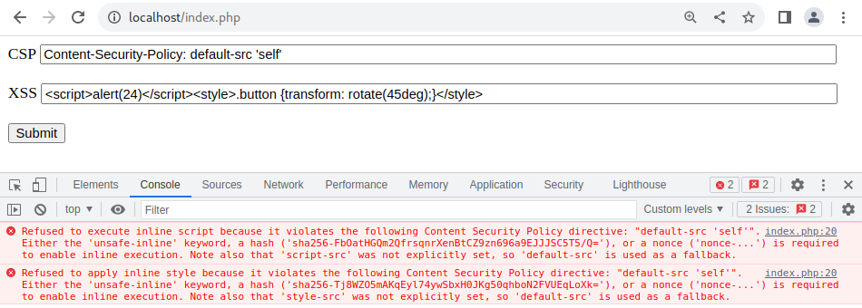 Figure 11 - prevented script and stylesheet evaluation despite not having an explicitly set script-src and style-src directive