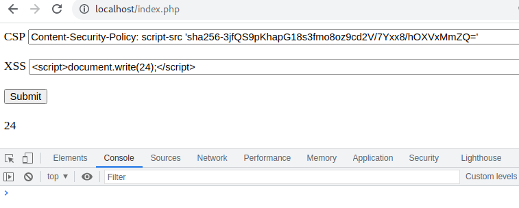 Figure 14 – permitted script evaluation (digest matches the one set in the CSP)