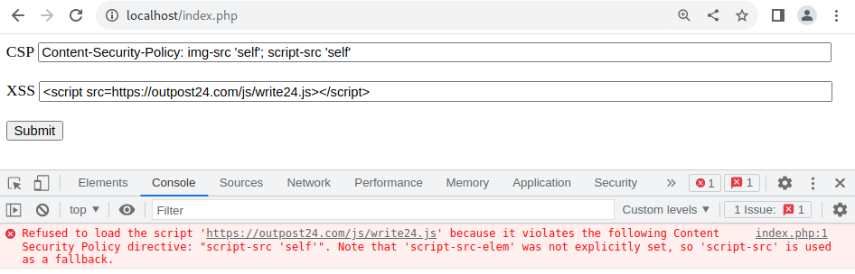 Figure 7 – prevented script loading (violates the CSP configuration)