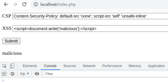 Figure 23 – maliciously injected script permitted due to the common ‘unsafe-inline’ oversight