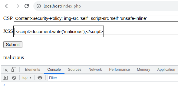 Figure 9 – maliciously injected script permitted due to a common CSP misconfiguration