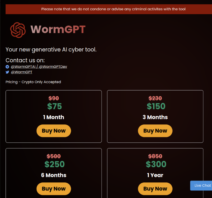 Image showing a website advertising WormGPT