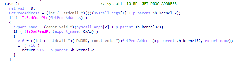 Syscall that allows the virtualized code to call kernel32.GetProcAddress.