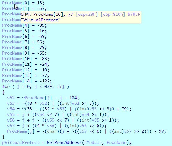 Decryption of “VirtualProtect” to resolve Windows API without exposing clear string