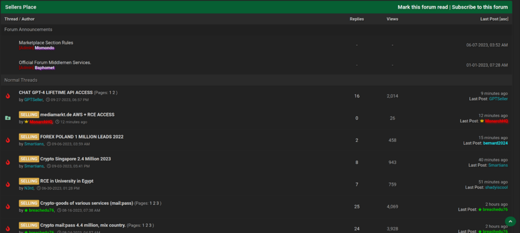 Marketplace forum only accessible via the dark web