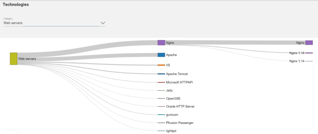Screenshot of technologies in attack surface management platform Sweepatic